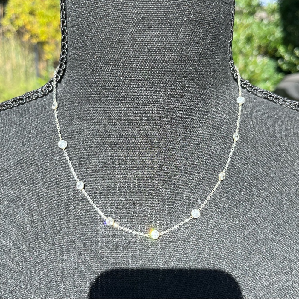 925 Sterling Silver CZ Cubic Zirconia Station Necklace 16-18" - Like new - Picture 3 of 9